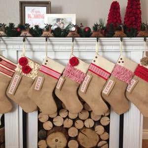 Choose from 6 Different Styles Personalized Christmas Stocking in Red Burlap Cotton White Quilted