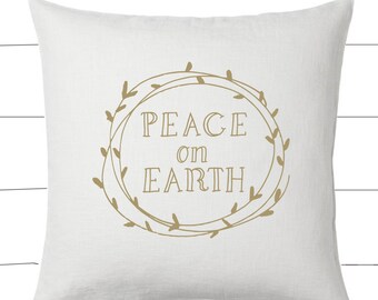 Gold and White Peace On Earth Christmas Pillow and Insert Christmas Decoration Christmas Saying Holiday Pillow Red White Christmas