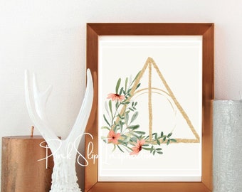 Geometrischer AquarellDruck mit Greenery Peach Blumen Boho Feminines Kunstwerk