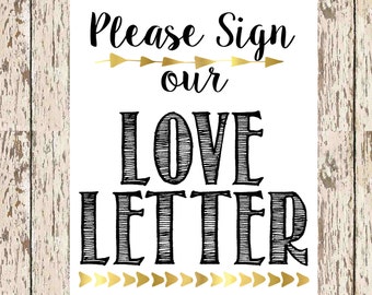 guest book printable Please Sign our love letter black and gold 8 x 10 bohemian guestbook print love letter signage guestbook for shower