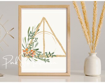 Geometric Watercolor Print with Greenery Peach Berries Boho Feminine Artwork