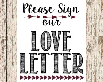 guest book printable Please Sign our love letter black and burgundy 8 x 10 bohemian guestbook print boho guestbook love letter signage