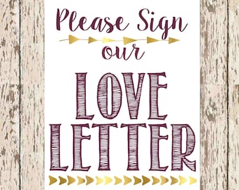guest book printable Please Sign our love letter Eggplant and Gold 8 x 10 bohemian guestbook print love letter signage guestbook for shower