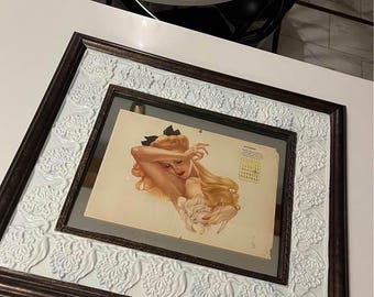 Vintage 1940s Calendar Varga Pin Up Framed Mirror