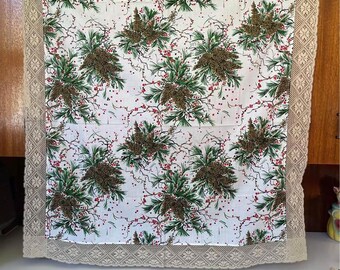 Vintage Handmade Christmas Tablecloth 1950/60s holiday pinecone ivory lace