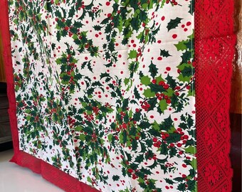Vintage handmade holiday Tablecloth vintage Christmas 1950/60s holly red lace