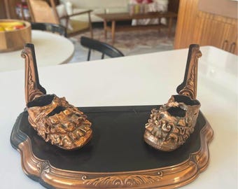 Vintage Antique Bronze baby shoe frame baby girl shoe 1940s