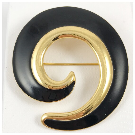 Large Vintage Black Enamel and Gold Tone Spiral M… - image 1