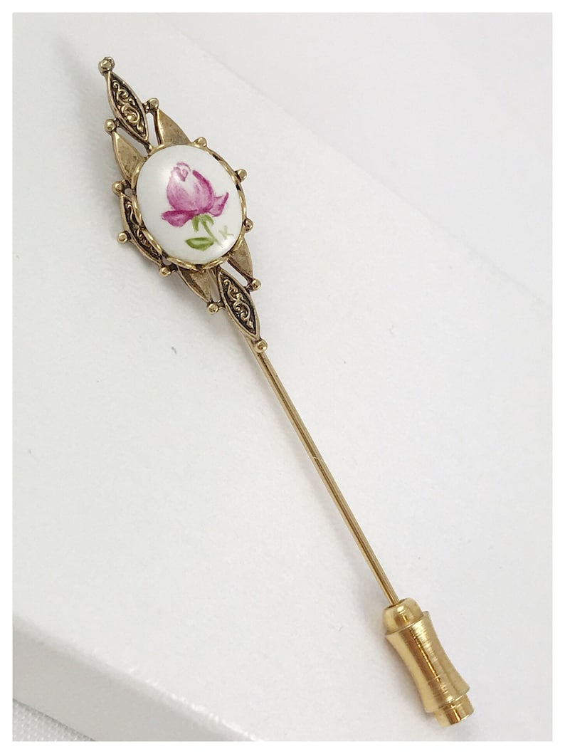SP 5 Porcelain Stick Pin Painted Pink Rose and Gold Tone Hat Pin Vintage Stick Pin