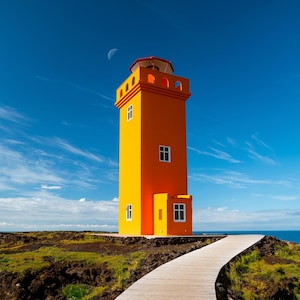 Orange Lighthouse | Iceland Destination | Moon Over Island Lighthouse | Gift for the Traveler | Photography Print