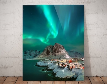 Norway Northern Lights Canvas Art | Aurora Borealis Over Red Cabins