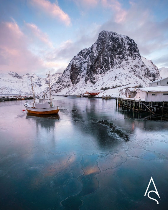 Fishing Boat | Norway Arctic Circle | Ice Fishing | Sunrise Mountain Scene  | Wanderlust Gift | Photography Print