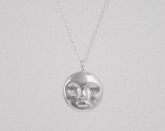 SELENE Full Moon Face Pendant – Celestial Silver Charm Necklace