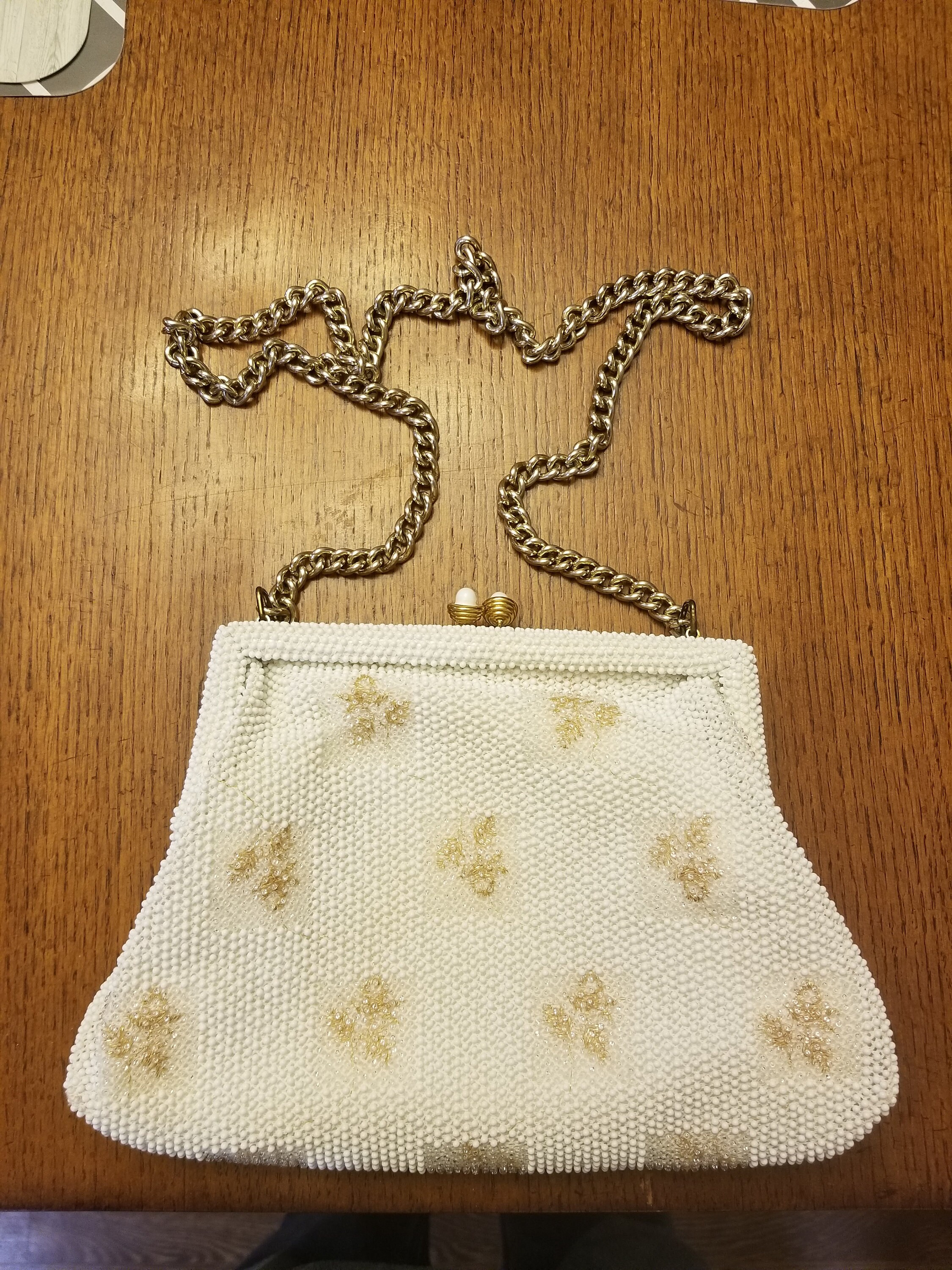 1960s Lumured Petite Bead Purse and Mirror Set