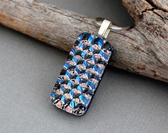 Unique Necklace For Women - Fused Dichroic Glass Pendant Necklace - Pink and Blue Geometric Necklace - Unique Jewelry Gift For Her