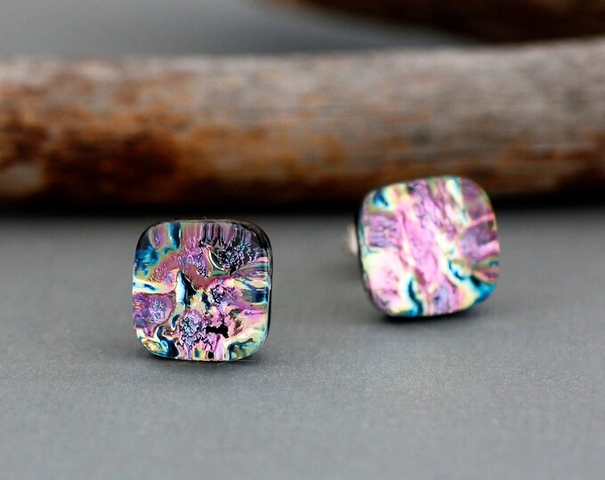Featured listing image: Pink Stud Earrings - Dichroic Glass Earrings - Unique Handmade Jewelry - Gift For Women - Bridesmaid Earrings Gift
