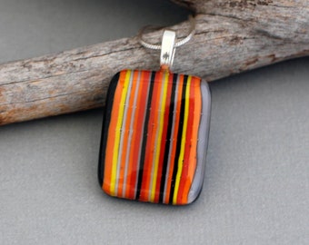 Colorful Fused Glass Pendant Necklace - Striped Necklace For Women - Bright Jewelry