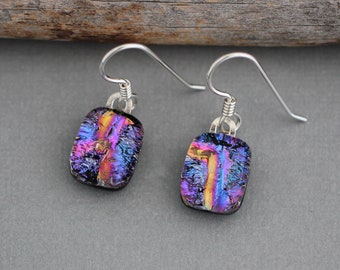 Purple and Pink Sterling Silver Fused Glass Earrings - Dichroic Glass Jewelry - Handmade Earrings - Unique Earrings