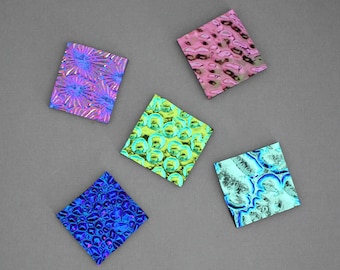 Dichroic Glass COE 90 Sample Pack - Fused Glass - 5 x 1" Squares - Wissmach Florentine + Figure C + Dew Drop + Hammered + Ripple