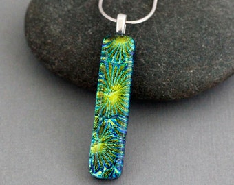 Long Pendant Necklace For Women - Unique Handmade Jewelry - Dichroic Glass Jewelry - Unique Gift For Her - Green Pendant Bar Necklace