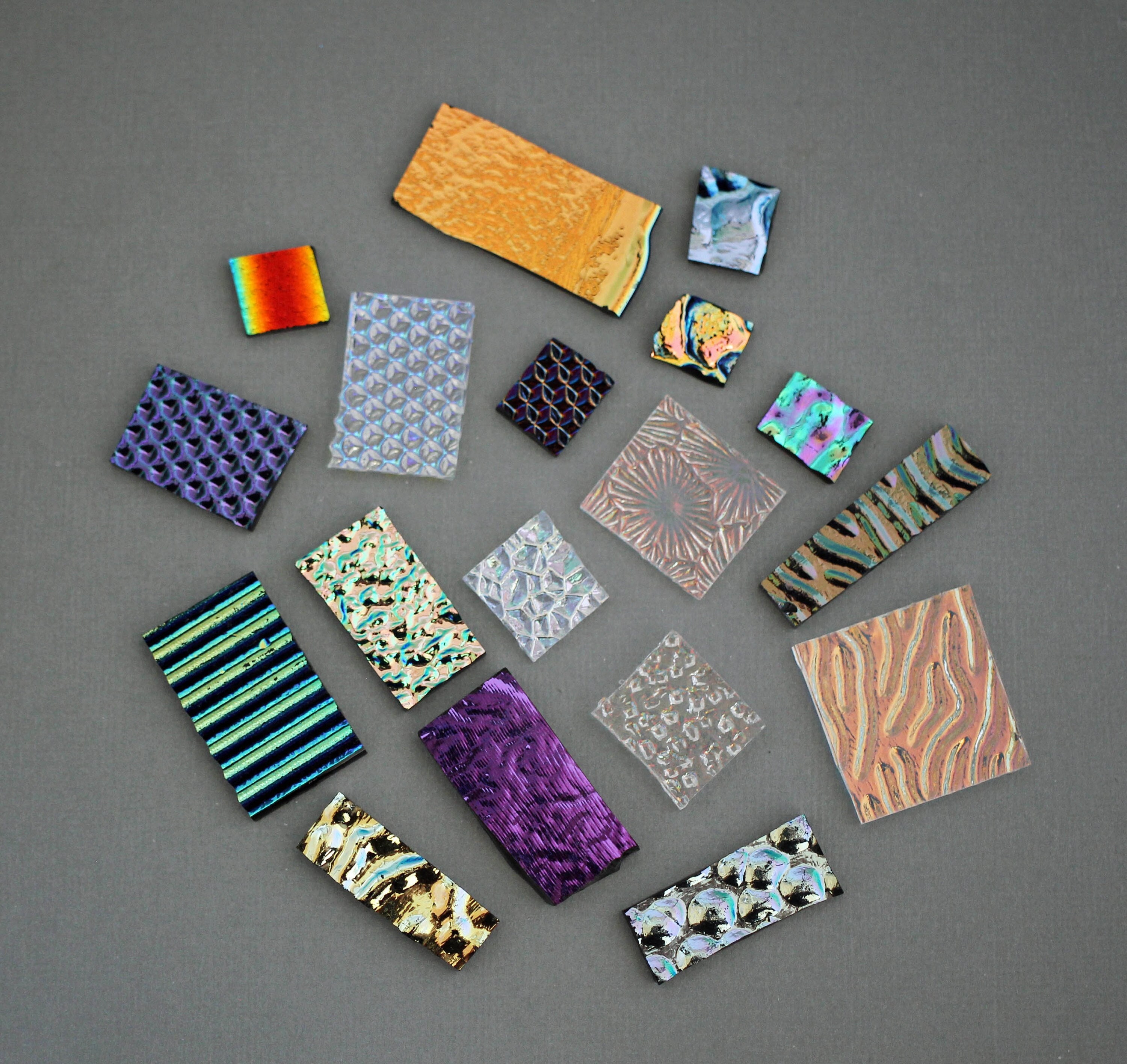 1 x 1 CBS Dichroic Patterned Squares on 2mm Thin Glass. Mixed Lot of 20  Squares Per Pack. COE90