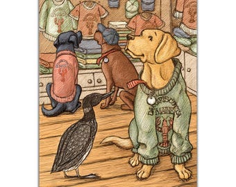 Yellow Labrador Retriever, Chocolate Labrador Retriever, Black Labrador Retriever and Loon shop in Midcoast Maine village of Damariscotta