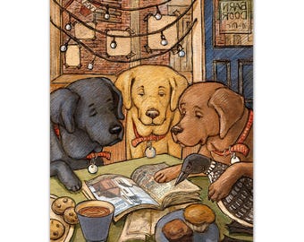 Yellow Labrador Retriever, Chocolate Labrador Retriever, Black Labrador Retriever and Loon, Coffee Shop Midcoast Maine town of Damariscotta