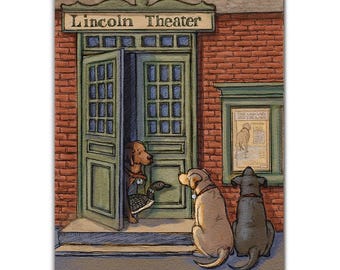 Yellow Labrador Retriever, Chocolate Labrador Retriever, Black Labrador Retriever and Loon visit historic Lincoln Theater Damariscotta Maine