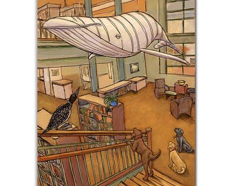 Yellow Lab, Chocolate Lab, Black Lab and Loon visit the giant whale hanging from the ceiling at the Skidompha Library in Damariscotta Maine
