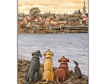 A Yellow Labrador Retriever, Chocolate Labrador Retriever, Black Labrador Retriever and a Loon visit Damariscotta Maine