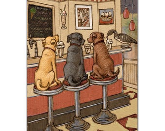 A Yellow Lab, Chocolate Lab and Black Lab join a Loon at Waltz Soda Fountain in the Midcoast Maine Village of Damariscotta
