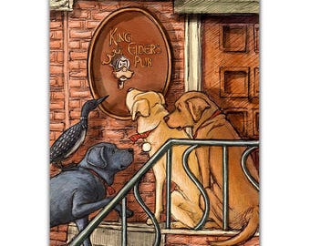 A Yellow Lab, Chocolate Lab, Black Lab and Loon enjoy a visit to a pub in the Midcoast Maine village of Damariscotta