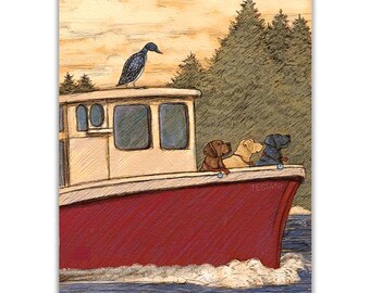 Yellow lab, Chocolate Lab, Black Lab and Loon take Oyster Cruise up the Damariscotta River, Damariscotta Maine
