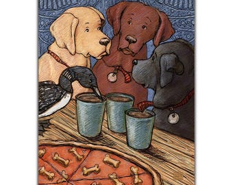 Yellow lab, Chocolate Lab, Black Lab and a Loon enjoy pizza in Damariscotta Maine