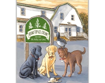 A Yellow Lab, Chocolate Lab, Black Lab and a Loon enjoy homemade ice cream in the midcoast Maine town of Damariscotta