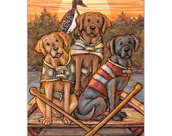 Yellow Labrador Retriever, Chocolate Labrador Retriever, Black Labrador Retriever and Loon take a paddle on lake Midcoast Maine Damariscotta