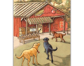 Yellow Labrador Retriever, Chocolate Labrador Retriever, Black Labrador Retriever and Loon visit Farm stand Midcoast Maine Damariscotta