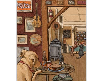 Yellow Labrador Retriever, Chocolate Labrador Retriever, Black Labrador Retriever, and Loon at Fernald's  Midcoast Maine Damariscotta