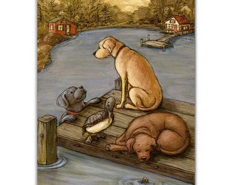 Yellow Lab, Chocolate Lab, Black Lab and Loon relax on a dock on a lake in midcoast maine Damariscotta