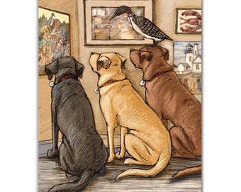 Yellow Labrador Retriever, Chocolate Labrador Retriever, Black Labrador Retrieve and Loon visit an art gallery Midcoast Maine Damariscotta