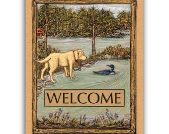 Lab meets a Loon at the Lake- "Welcome" (also available without text)
