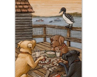 Three Labs and a Loon Enjoy Oysters on the Dock, 11x14" Unframed Print