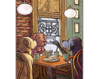 A Yellow Lab, Chocolate Lab, Black Lab and Loon enjoy a meal at a local restaurant in the Midcoast Maine town of Damariscotta