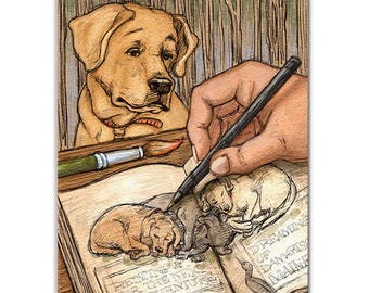 Yellow Labrador Retriever looks on as an artist draws Labs in a sketchbook