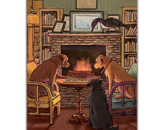 Yellow Lab, Chocolate Lab, Black Lab and a Loon play chess at the secondhand book shop in the midcoast Maine village of Damariscotta.