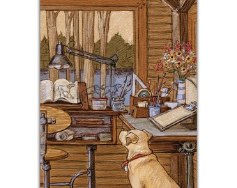 Labrador Retrievers leave an artist's sketchbook to explore the Midcoast Maine village of Damariscotta