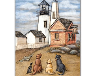 Yellow Lab, Chocolate Lab, Black Lab and Loon visit Pemaquid Light House Bristol Midcoast Maine