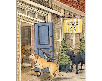 A Yellow Lab, Chocolate Lab, Black Lab and a Loon visit a cafe in the charming Midcoast Maine village of Damariscotta