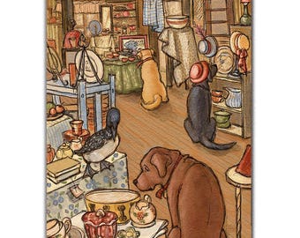 Yellow Lab, Chocolate Lab, Black Lab and a Loon search for treasures in a thrift shop in the Midcoast Maine town of Damariscotta