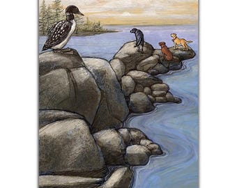 A Yellow Lab, Chocolate Lab, Black Lab and a Loon visit the rocky coast of Maine